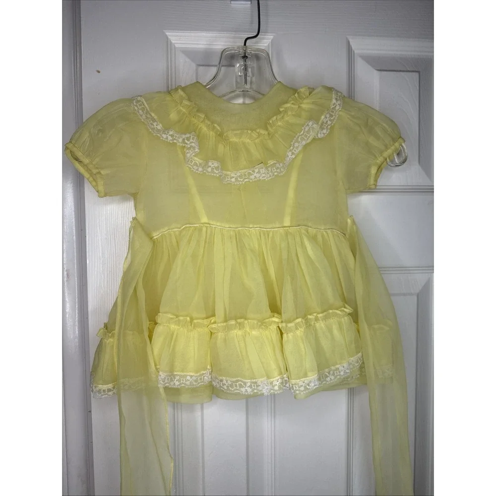 Vintage Toddler Girls‎ Yellow Sheer Dress Lace Ruffle 18-24M 2T Easter Party